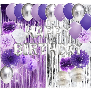 Purple Silver Birthday Party Decorations Happy Birthday Aluminium Ballons Latex Balloons for Birthday Party Supplies